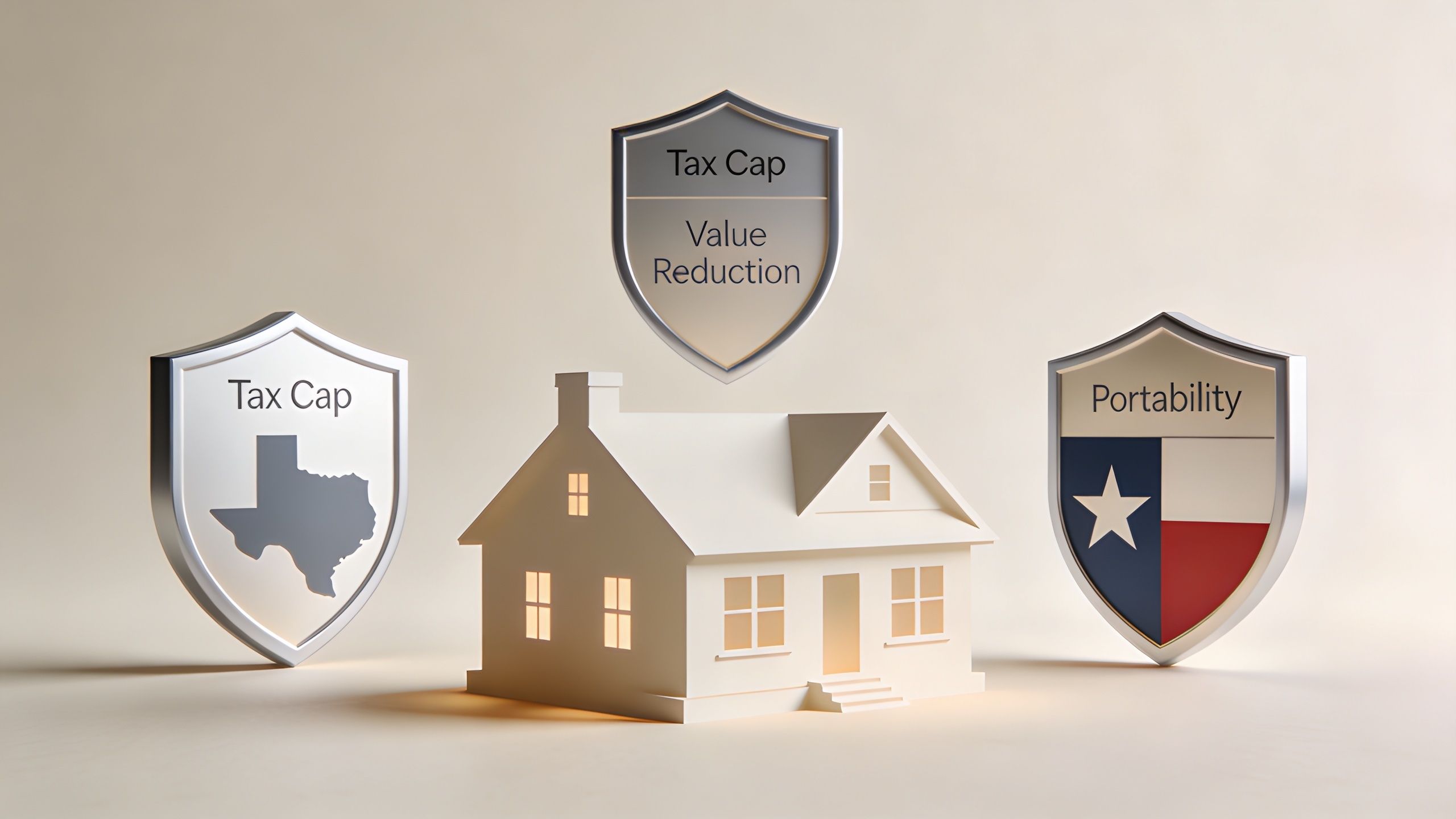A house model surrounded by three protective shields representing Texas tax caps, value reduction, and portability benefits.