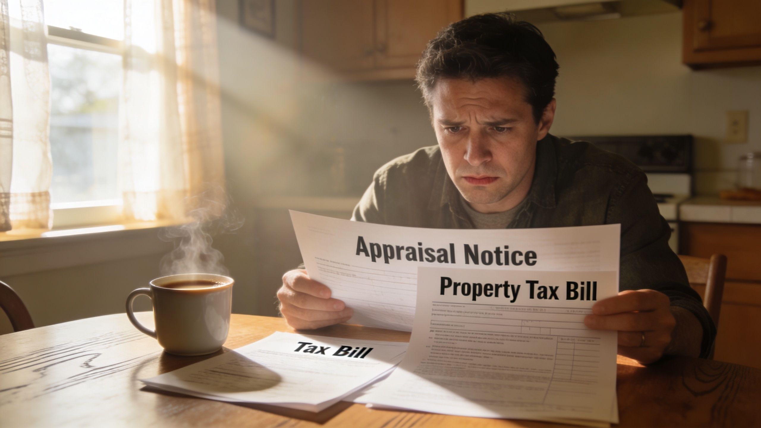 A concerned man sitting at a kitchen table holding an appraisal notice and property tax bill.