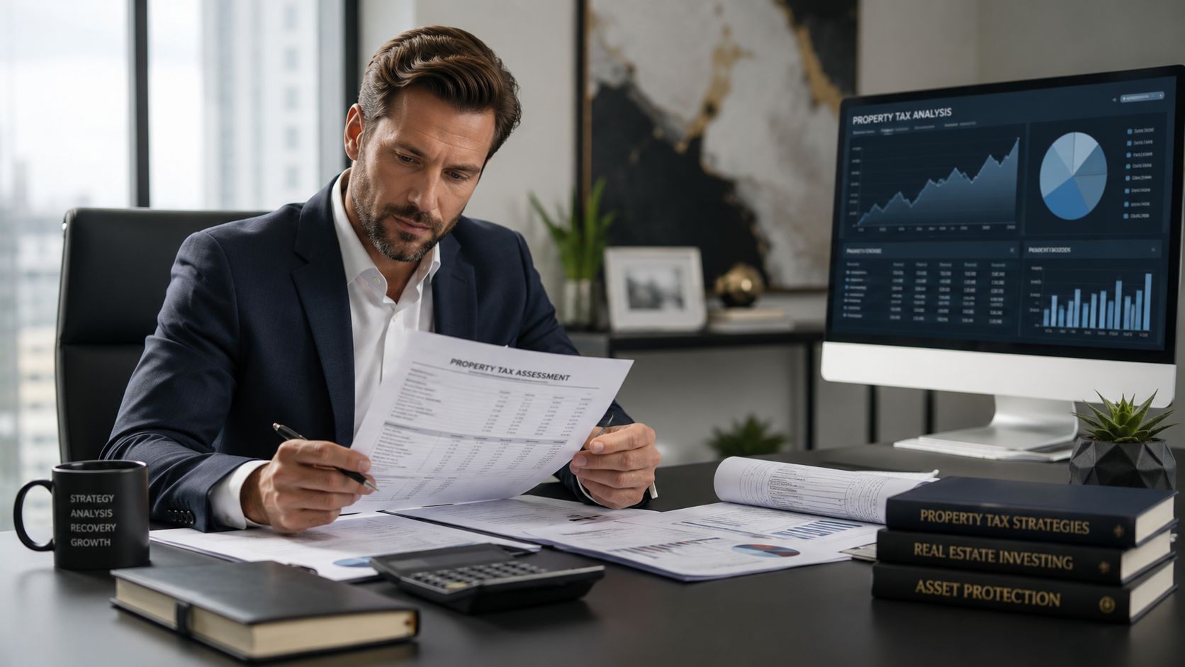 A professional man in a business suit reviewing property tax assessment documents at his office desk.