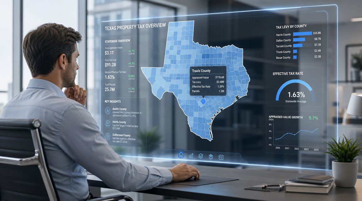 A professional man reviewing a digital dashboard displaying interactive Texas property tax data and analytics.