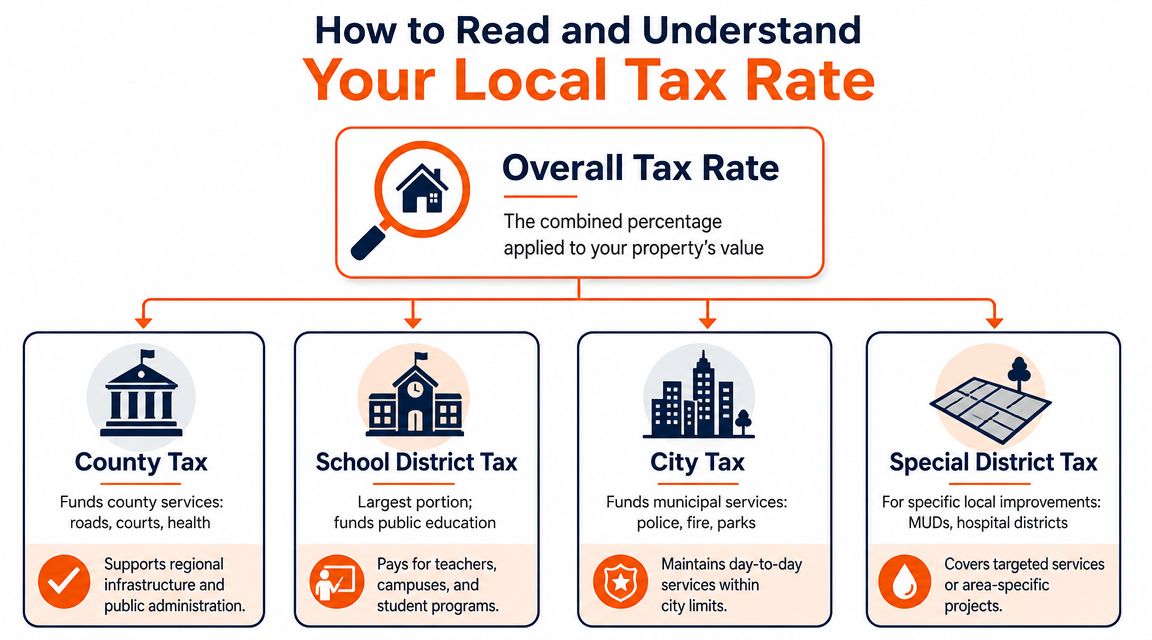 A diagram explaining how local property tax rates are calculated, divided into county, school, city, and special district taxes.