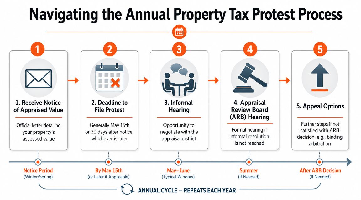 A flowchart showing the five steps of the annual property tax protest process in Texas.