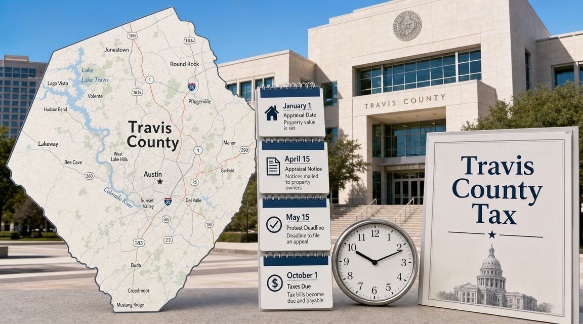 A map of Travis County, Texas, with a calendar showing key annual property tax dates and deadlines.