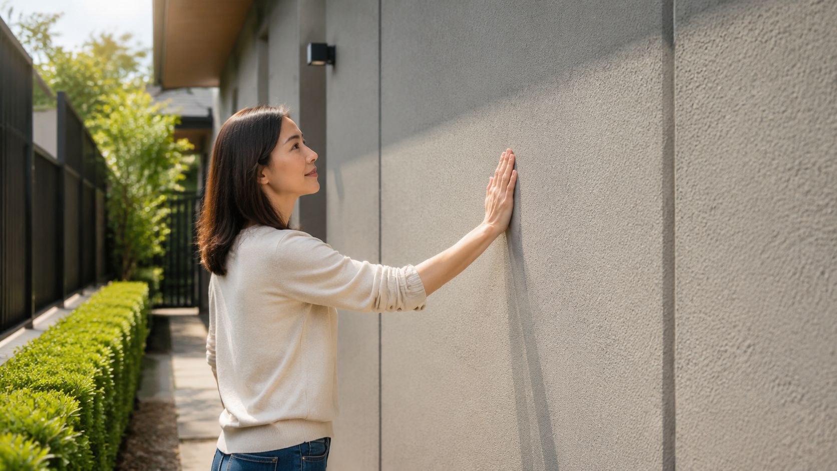 A young woman touching a smooth grey wall of a house exterior during a sunny day.