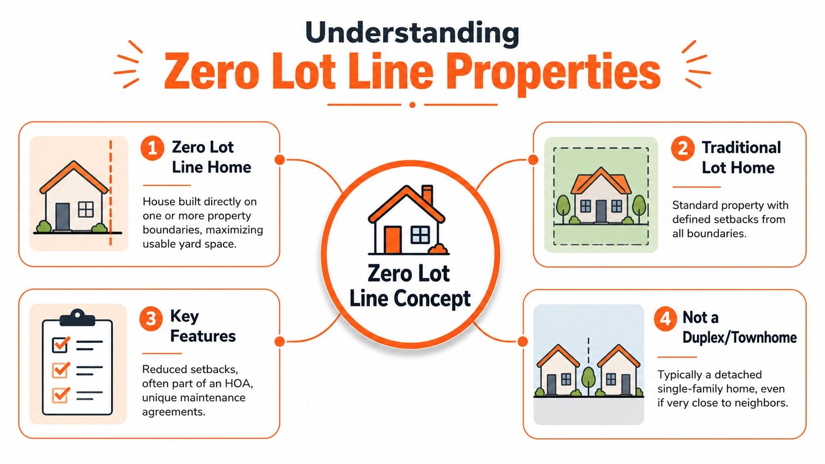 An infographic explaining the concept of zero lot line properties compared to traditional homes and townhouses.