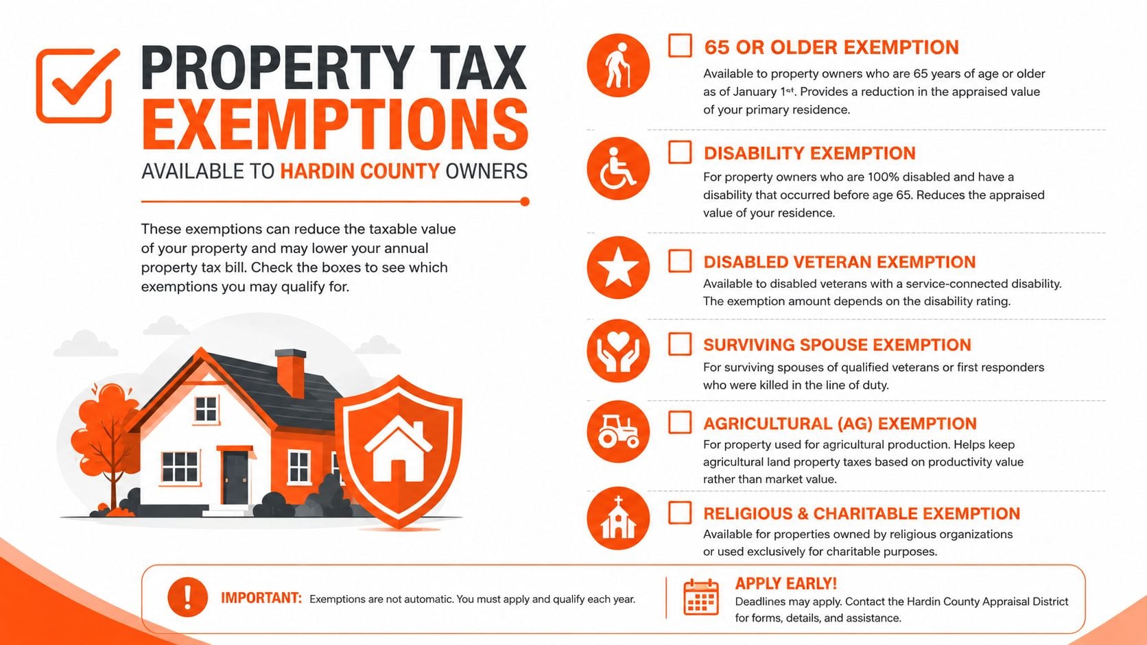 An infographic detailing various property tax exemptions available to Hardin County residents, including age, disability, and veteran status.