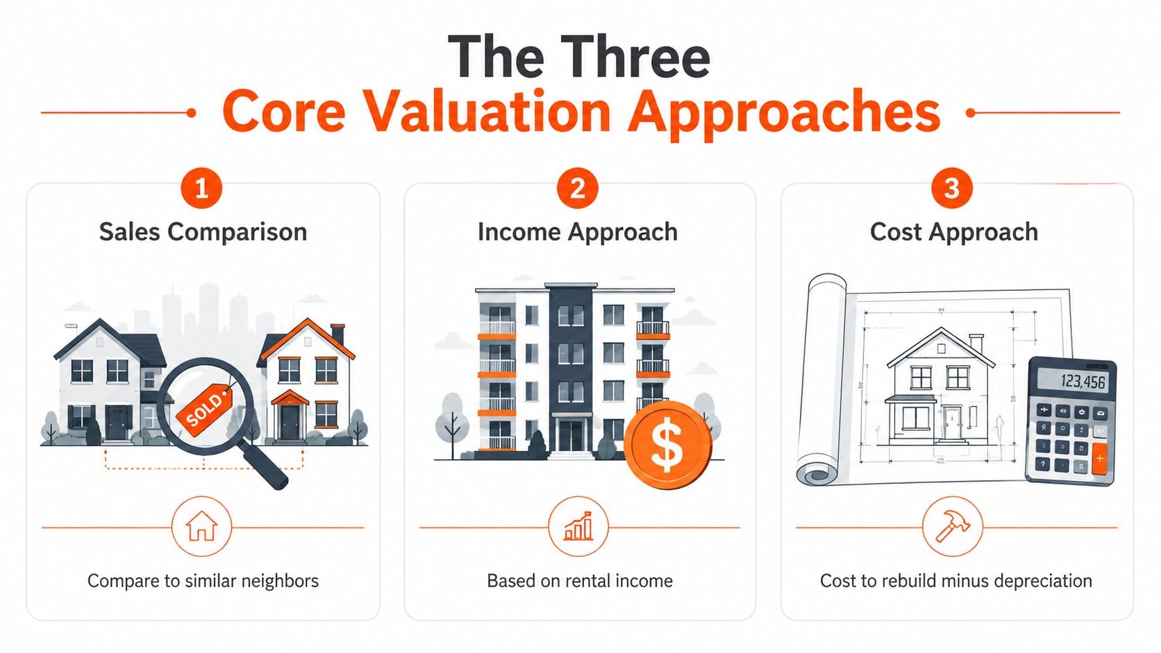 An infographic showing the three core property valuation approaches: Sales Comparison, Income Approach, and Cost Approach.