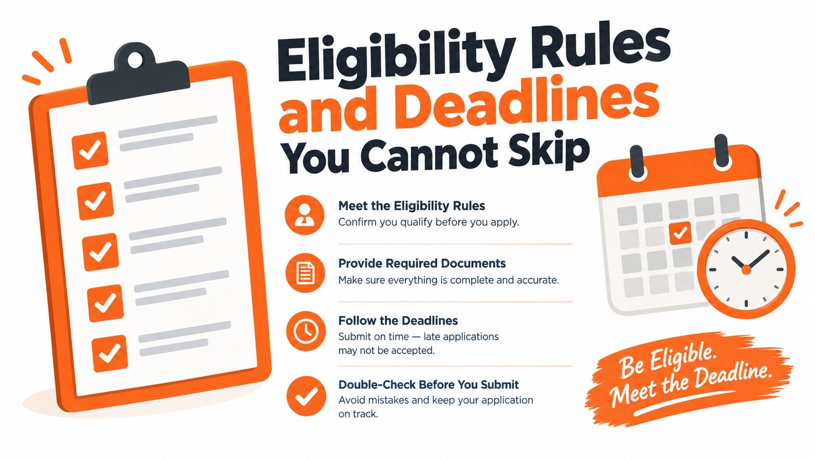 A helpful graphic checklist highlighting the importance of meeting eligibility rules and application deadlines for programs.