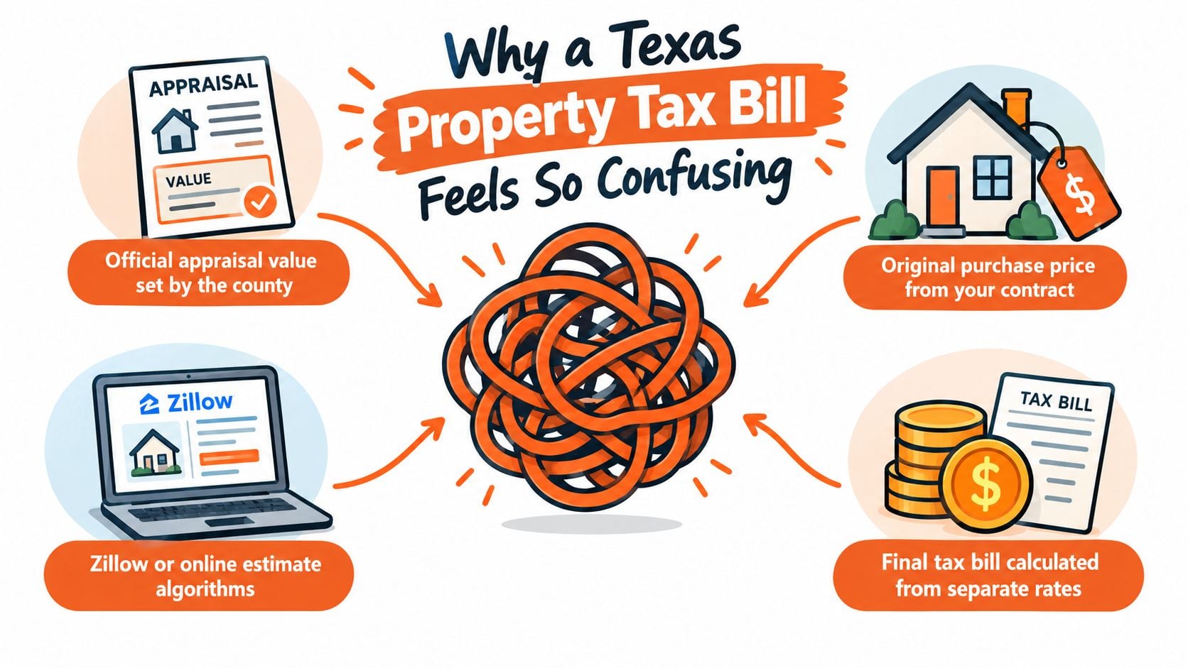 An infographic showing why calculating Texas property taxes is confusing by illustrating four different conflicting value sources.