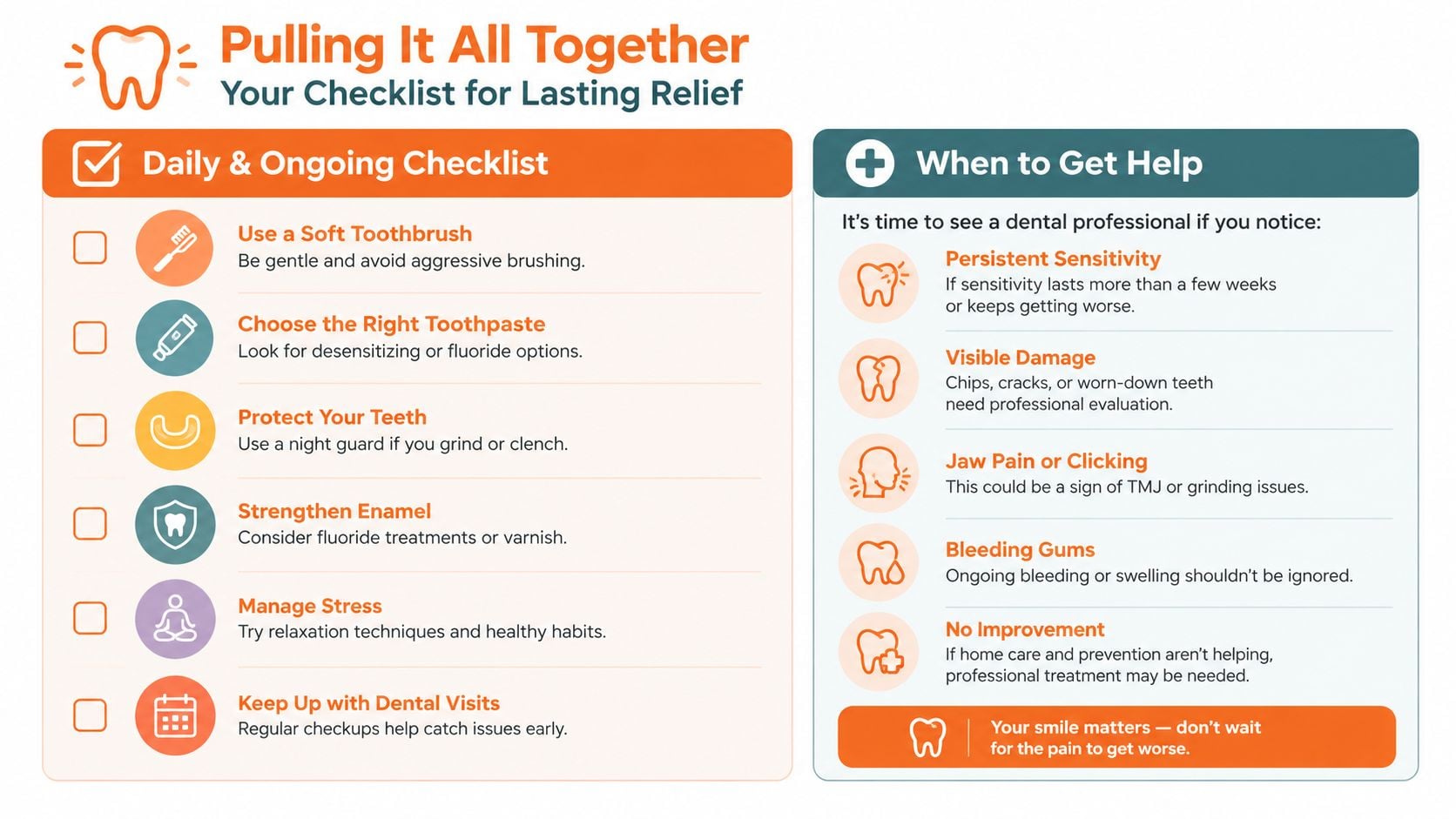 A dental care infographic titled Pulling It All Together, showing daily habits and when to see a dentist.