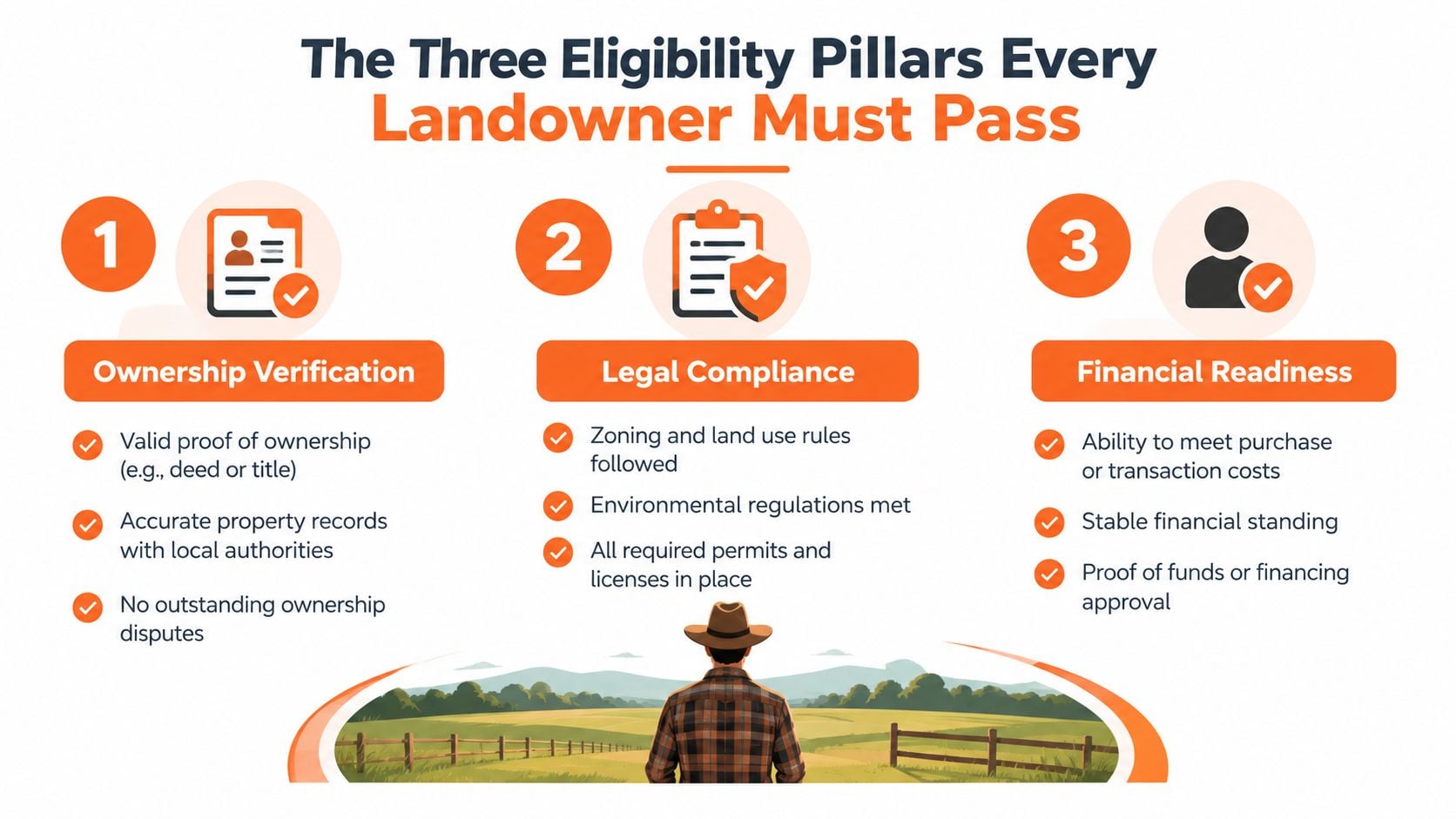 An infographic detailing the three essential eligibility requirements for landowners: ownership verification, legal compliance, and financial readiness.