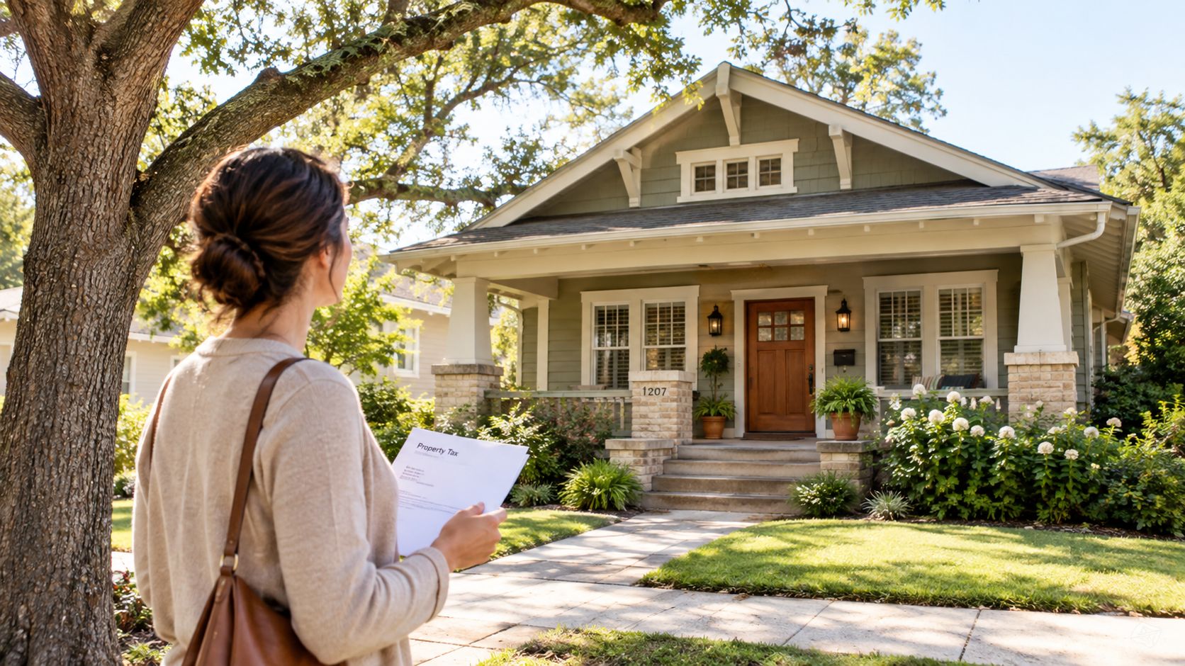 A person standing in front of a house while holding a property tax document in their hand.